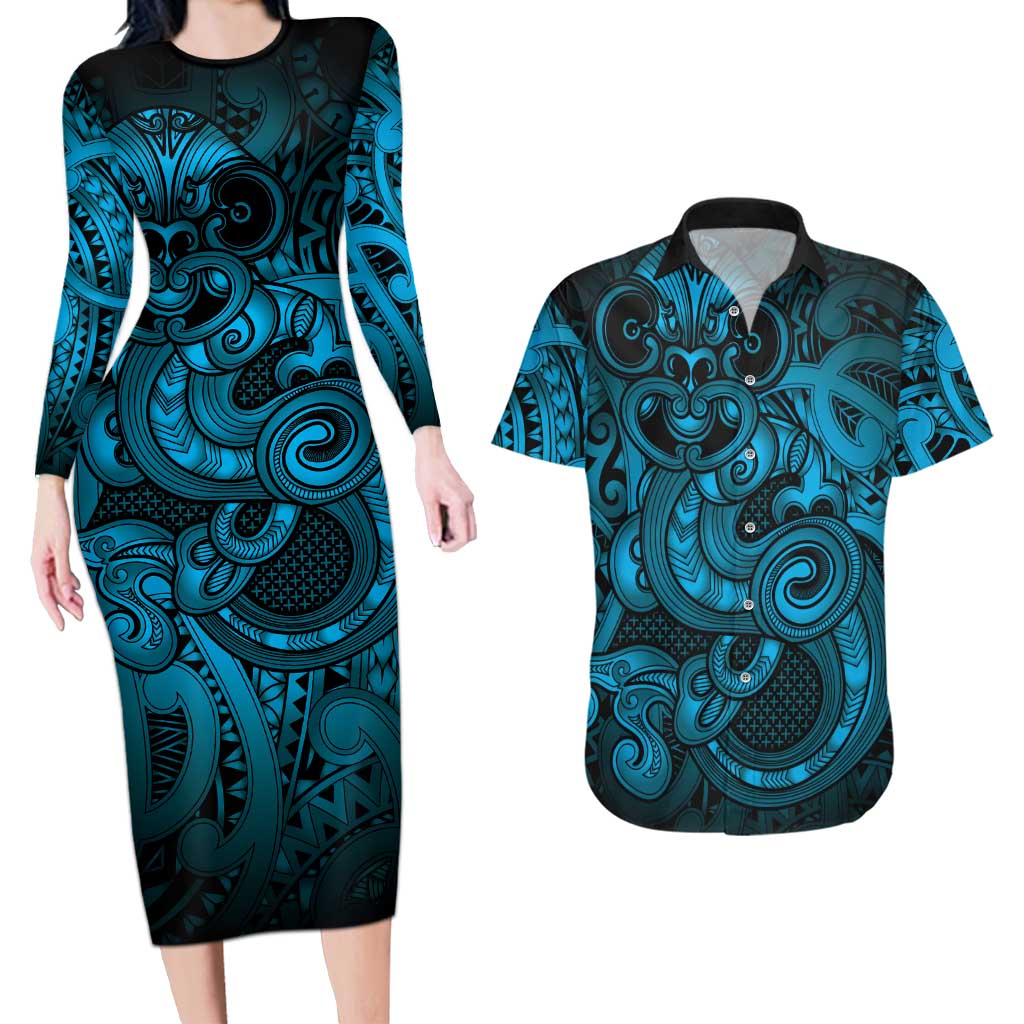 Aotearoa Maori Hei Tiki Couples Matching Long Sleeve Bodycon Dress and Hawaiian Shirt Kikorangi Kowhaiwhai Puhoro Motif LT9 Blue - Polynesian Pride