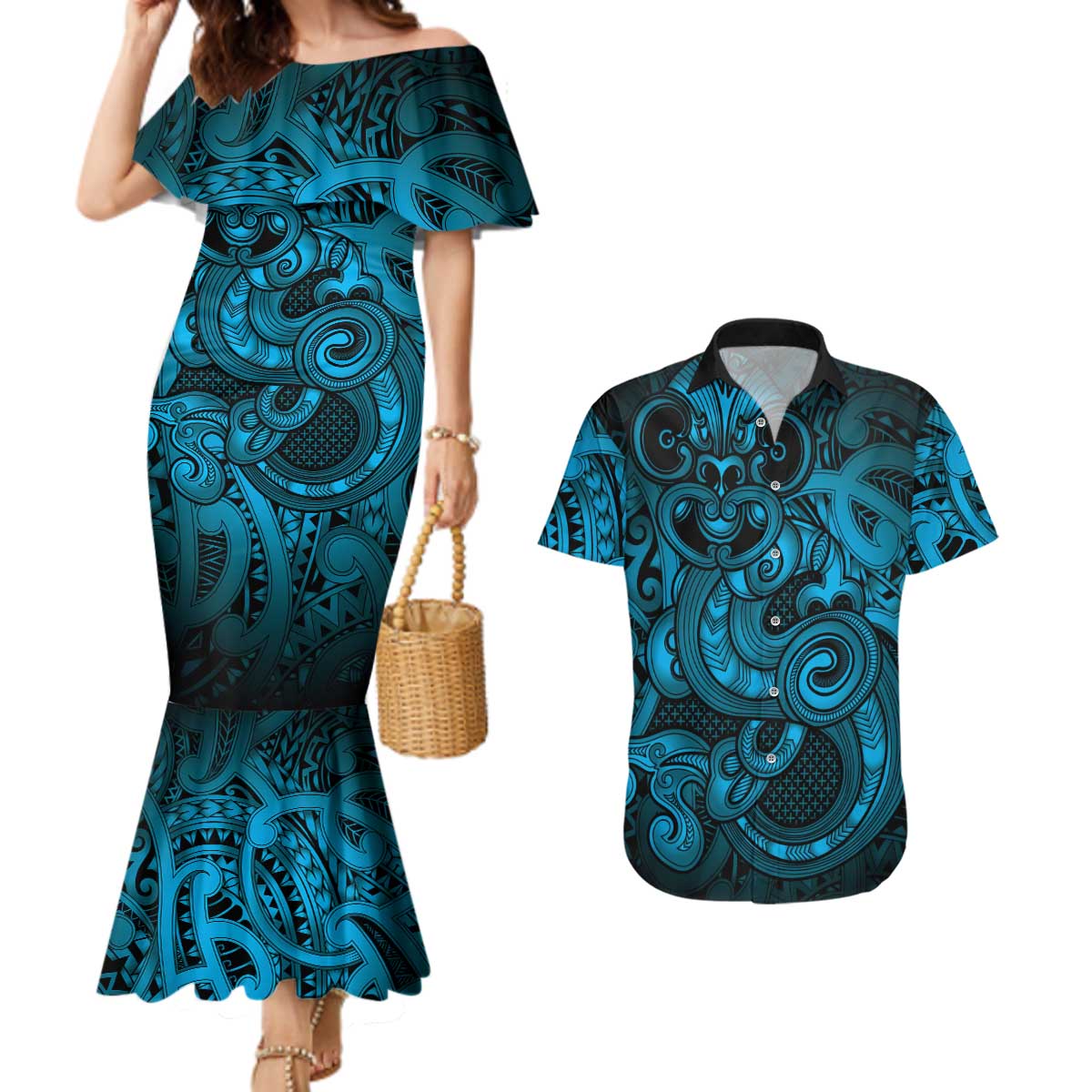 Aotearoa Maori Hei Tiki Couples Matching Mermaid Dress and Hawaiian Shirt Kikorangi Kowhaiwhai Puhoro Motif LT9 Blue - Polynesian Pride