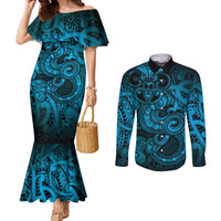 Aotearoa Maori Hei Tiki Couples Matching Mermaid Dress and Long Sleeve Button Shirt Kikorangi Kowhaiwhai Puhoro Motif