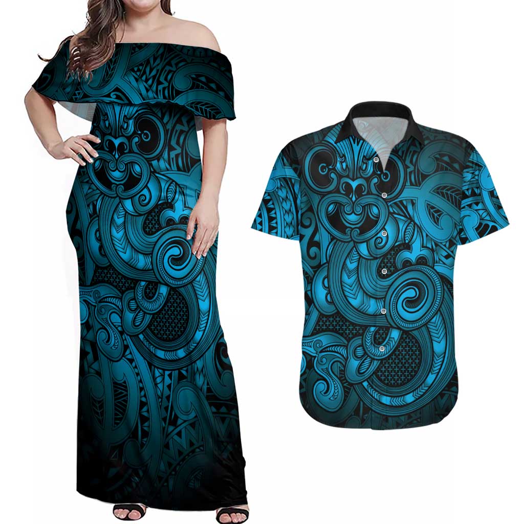 Aotearoa Maori Hei Tiki Couples Matching Off Shoulder Maxi Dress and Hawaiian Shirt Kikorangi Kowhaiwhai Puhoro Motif LT9 Blue - Polynesian Pride