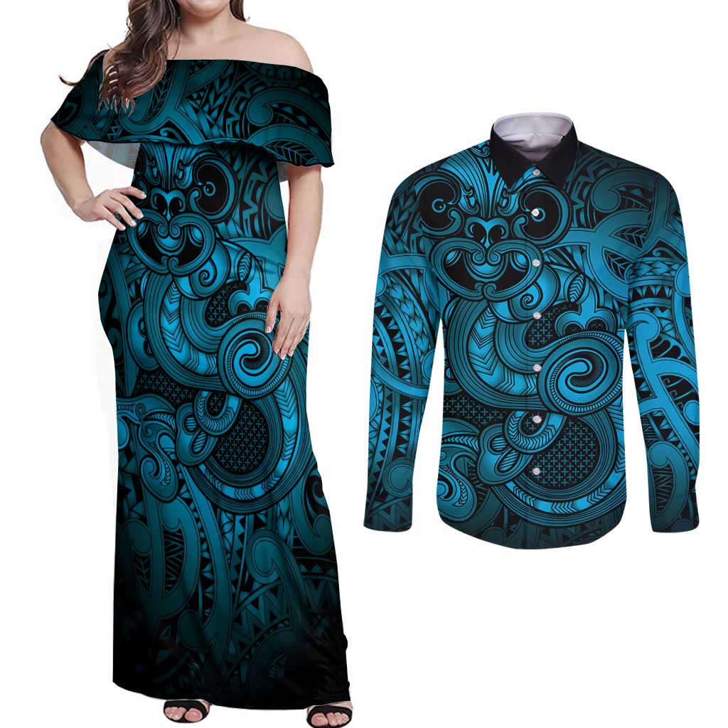 Aotearoa Maori Hei Tiki Couples Matching Off Shoulder Maxi Dress and Long Sleeve Button Shirt Kikorangi Kowhaiwhai Puhoro Motif LT9 Blue - Polynesian Pride