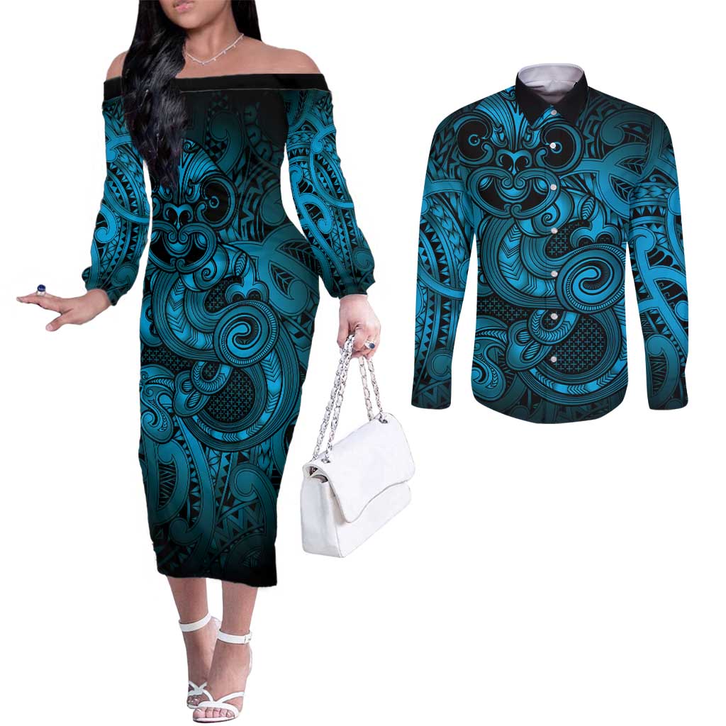 Aotearoa Maori Hei Tiki Couples Matching Off The Shoulder Long Sleeve Dress and Long Sleeve Button Shirt Kikorangi Kowhaiwhai Puhoro Motif LT9 Blue - Polynesian Pride