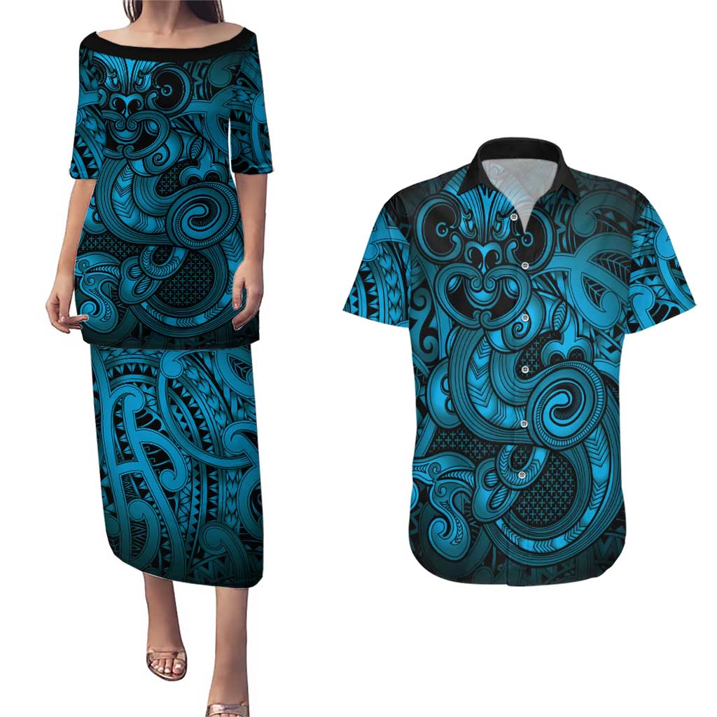 Aotearoa Maori Hei Tiki Couples Matching Puletasi and Hawaiian Shirt Kikorangi Kowhaiwhai Puhoro Motif