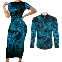 Aotearoa Maori Hei Tiki Couples Matching Short Sleeve Bodycon Dress and Long Sleeve Button Shirt Kikorangi Kowhaiwhai Puhoro Motif