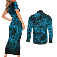 Aotearoa Maori Hei Tiki Couples Matching Short Sleeve Bodycon Dress and Long Sleeve Button Shirt Kikorangi Kowhaiwhai Puhoro Motif