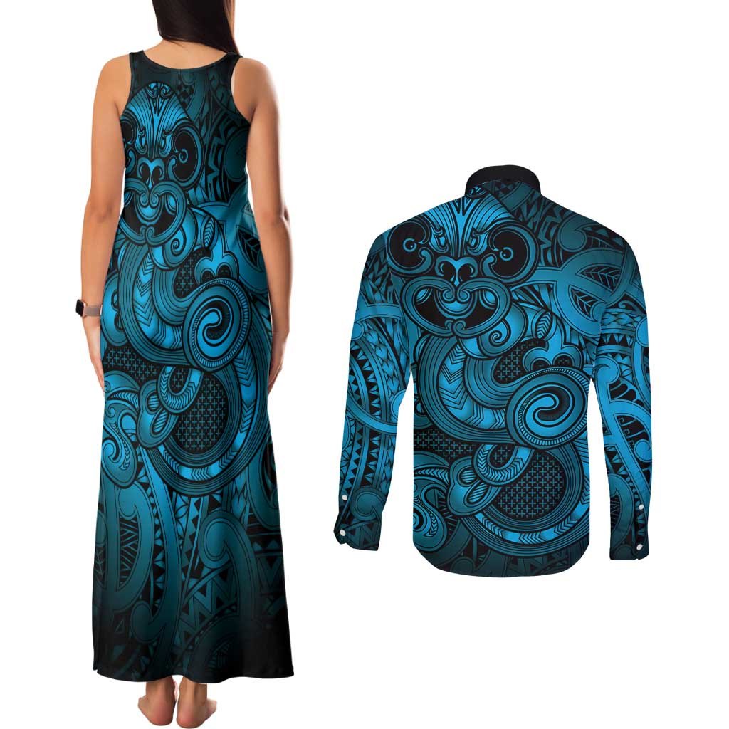 Aotearoa Maori Hei Tiki Couples Matching Tank Maxi Dress and Long Sleeve Button Shirt Kikorangi Kowhaiwhai Puhoro Motif