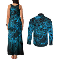 Aotearoa Maori Hei Tiki Couples Matching Tank Maxi Dress and Long Sleeve Button Shirt Kikorangi Kowhaiwhai Puhoro Motif