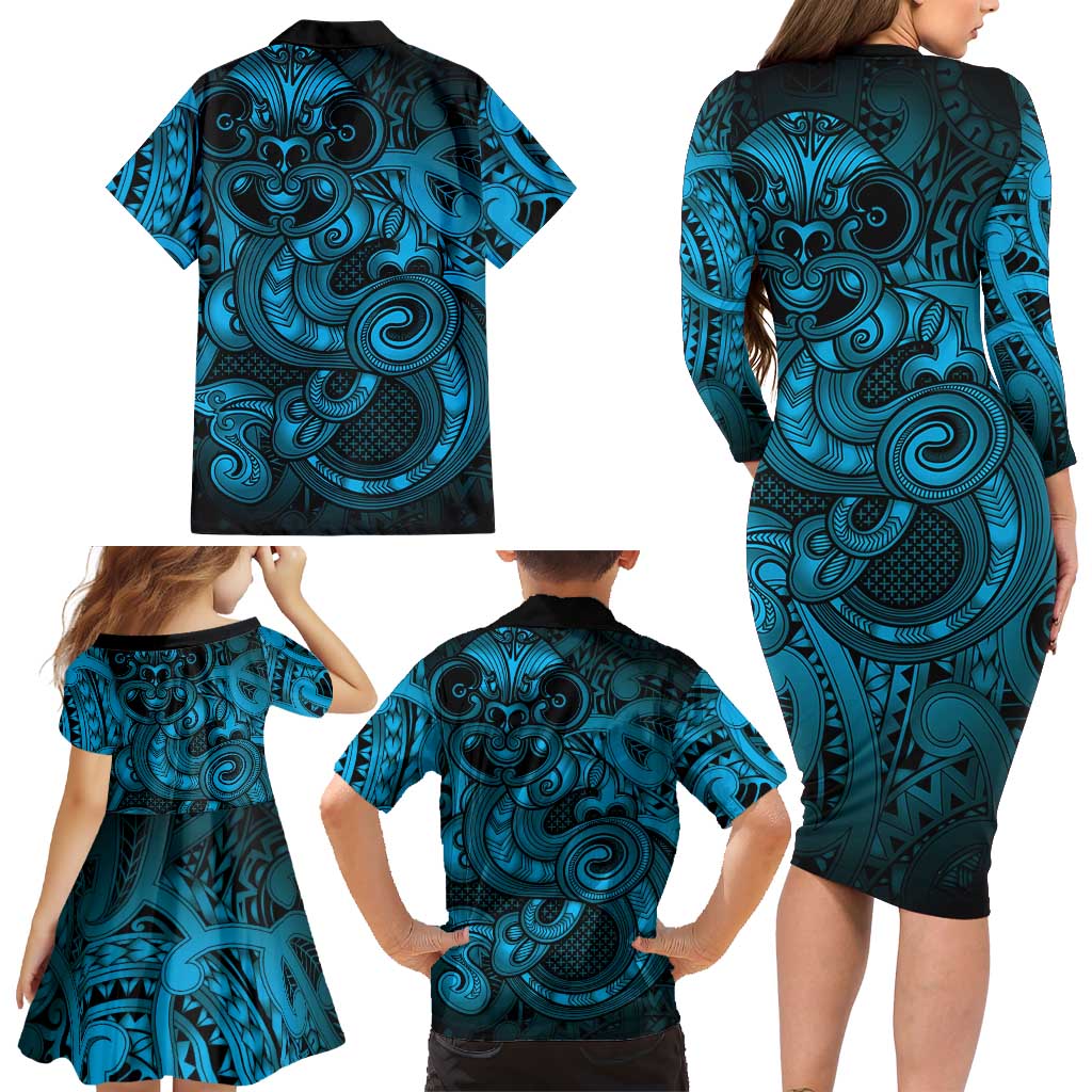 Aotearoa Maori Hei Tiki Family Matching Long Sleeve Bodycon Dress and Hawaiian Shirt Kikorangi Kowhaiwhai Puhoro Motif