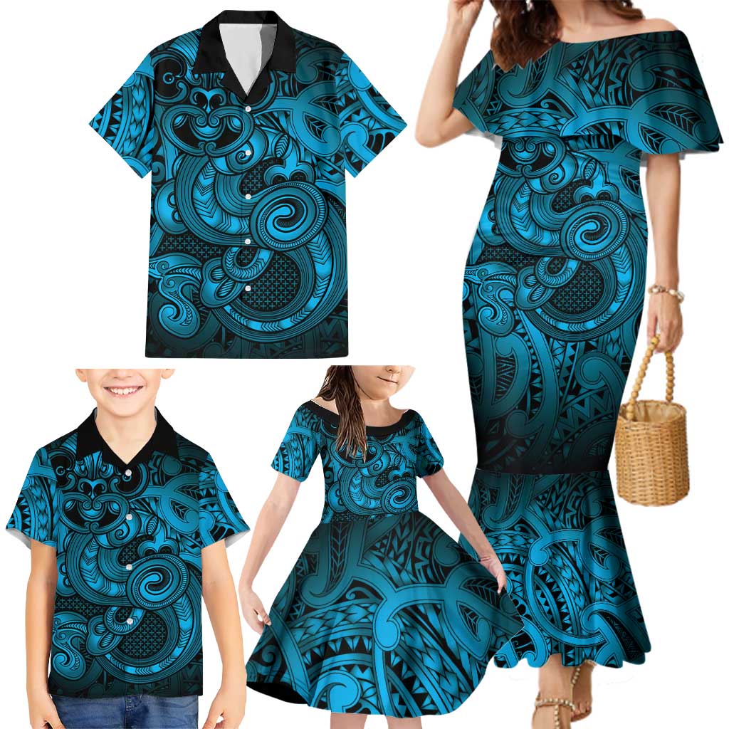 Aotearoa Maori Hei Tiki Family Matching Mermaid Dress and Hawaiian Shirt Kikorangi Kowhaiwhai Puhoro Motif LT9 - Polynesian Pride