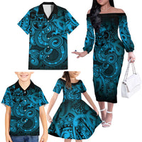 Aotearoa Maori Hei Tiki Family Matching Off The Shoulder Long Sleeve Dress and Hawaiian Shirt Kikorangi Kowhaiwhai Puhoro Motif