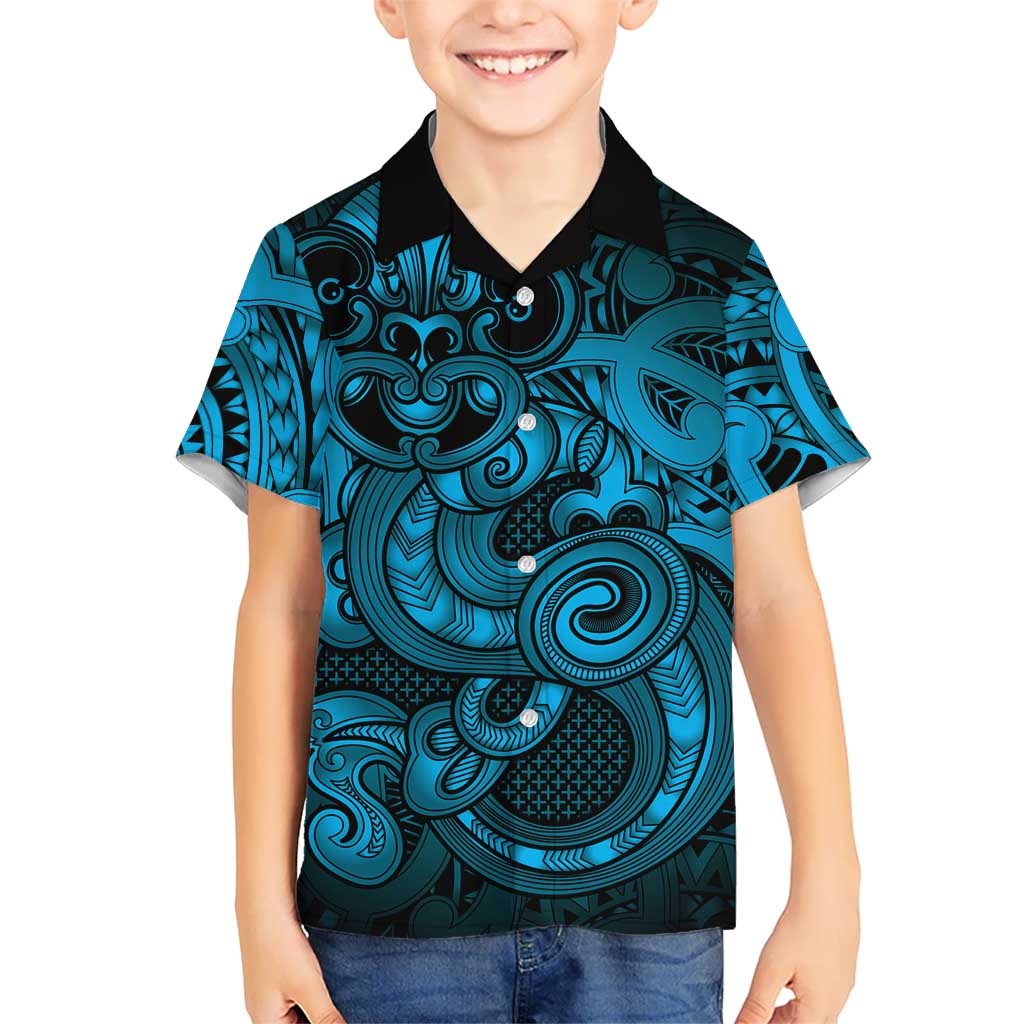 Aotearoa Maori Hei Tiki Family Matching Off The Shoulder Long Sleeve Dress and Hawaiian Shirt Kikorangi Kowhaiwhai Puhoro Motif