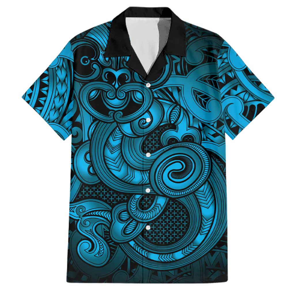 Aotearoa Maori Hei Tiki Family Matching Off Shoulder Short Dress and Hawaiian Shirt Kikorangi Kowhaiwhai Puhoro Motif