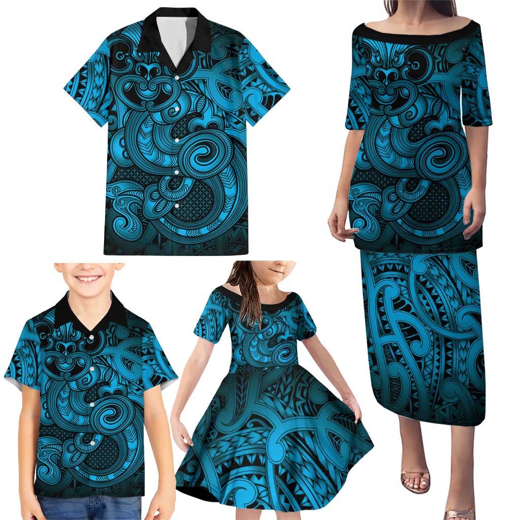 Aotearoa Maori Hei Tiki Family Matching Puletasi and Hawaiian Shirt Kikorangi Kowhaiwhai Puhoro Motif LT9 - Polynesian Pride