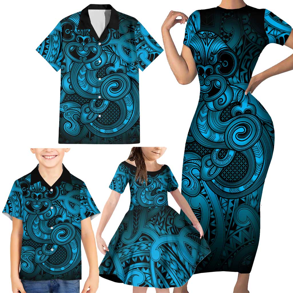 Aotearoa Maori Hei Tiki Family Matching Short Sleeve Bodycon Dress and Hawaiian Shirt Kikorangi Kowhaiwhai Puhoro Motif LT9 - Polynesian Pride