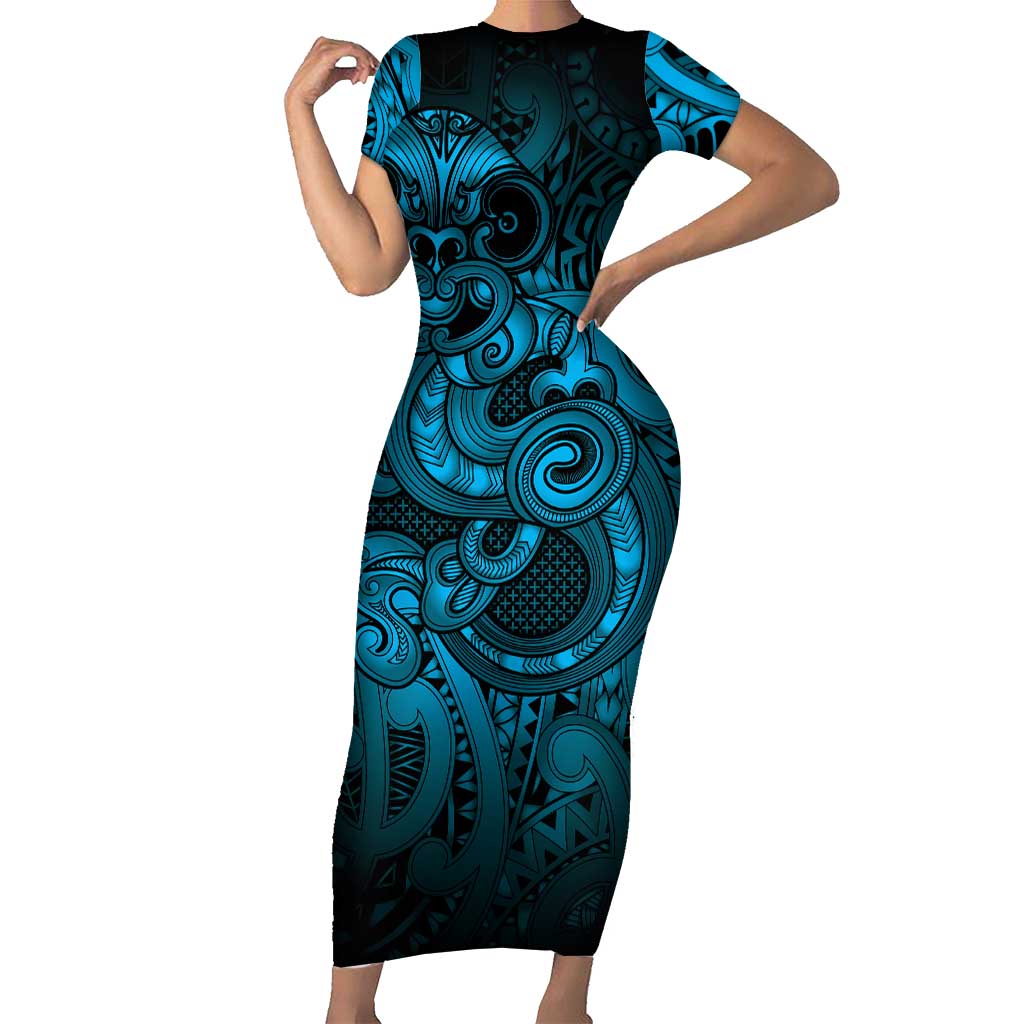 Aotearoa Maori Hei Tiki Family Matching Short Sleeve Bodycon Dress and Hawaiian Shirt Kikorangi Kowhaiwhai Puhoro Motif
