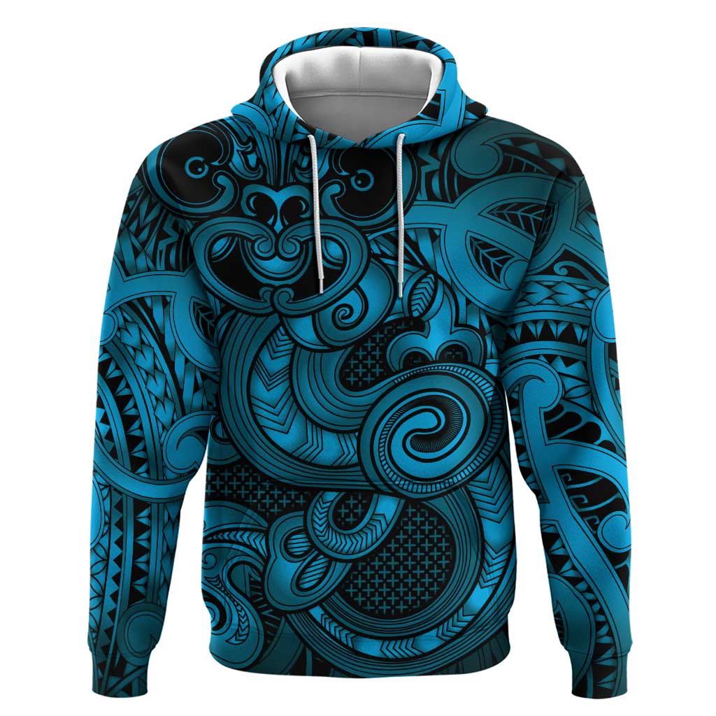 Aotearoa Maori Hei Tiki Hoodie Kikorangi Kowhaiwhai Puhoro Motif LT9 Pullover Hoodie Blue - Polynesian Pride