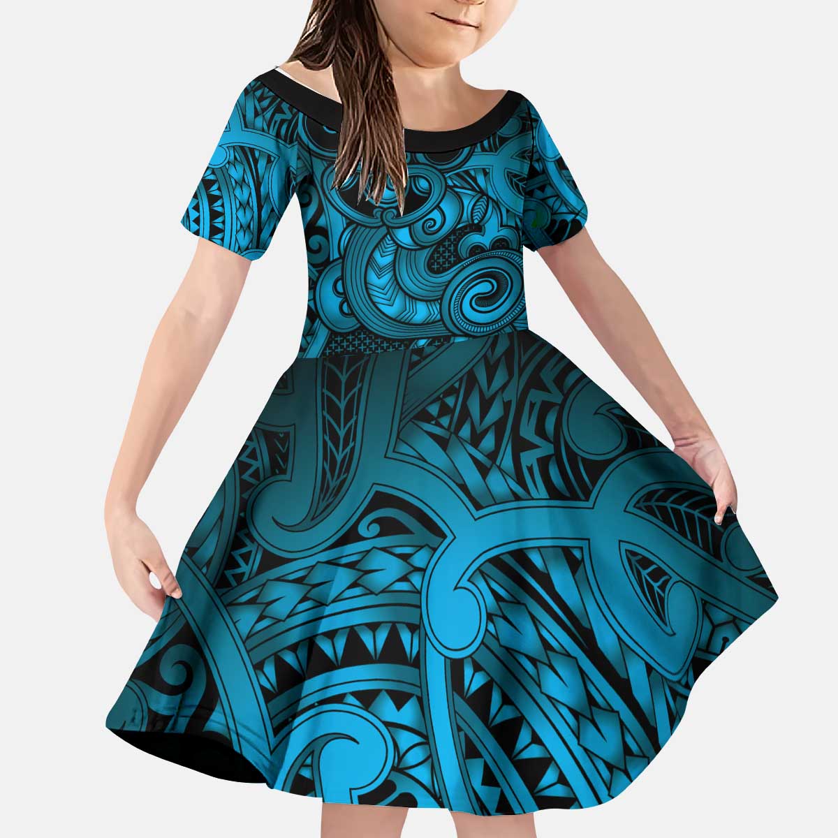 Aotearoa Maori Hei Tiki Kid Short Sleeve Dress Kikorangi Kowhaiwhai Puhoro Motif