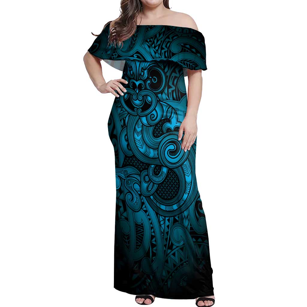 Aotearoa Maori Hei Tiki Off Shoulder Maxi Dress Kikorangi Kowhaiwhai Puhoro Motif LT9 Women Blue - Polynesian Pride