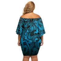 Aotearoa Maori Hei Tiki Off Shoulder Short Dress Kikorangi Kowhaiwhai Puhoro Motif