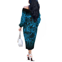Aotearoa Maori Hei Tiki Off The Shoulder Long Sleeve Dress Kikorangi Kowhaiwhai Puhoro Motif