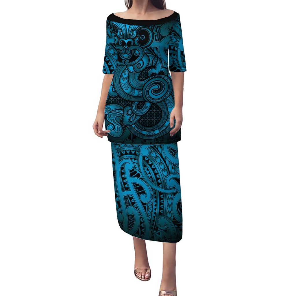 Aotearoa Maori Hei Tiki Puletasi Kikorangi Kowhaiwhai Puhoro Motif LT9 Long Dress Blue - Polynesian Pride