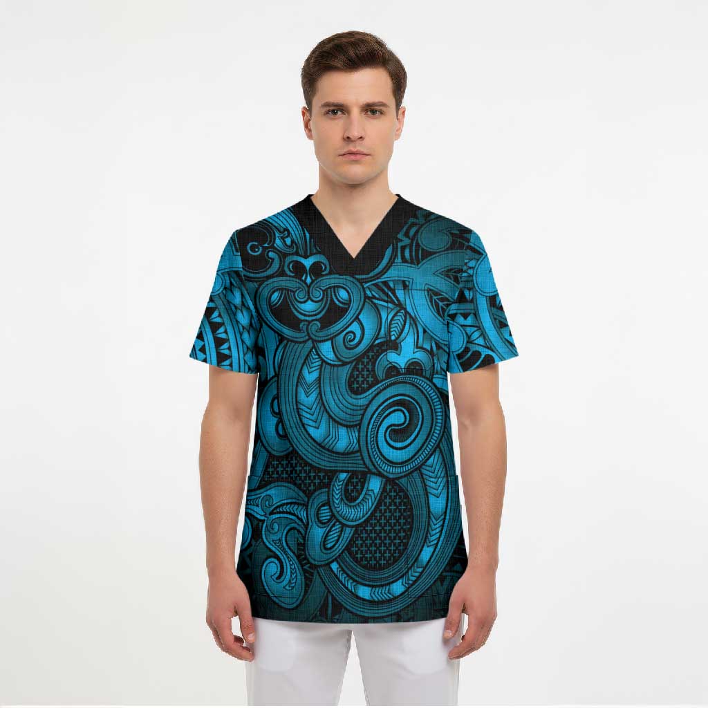 Aotearoa Maori Hei Tiki Scrub Top Kikorangi Kowhaiwhai Puhoro Motif LT9 - Polynesian Pride