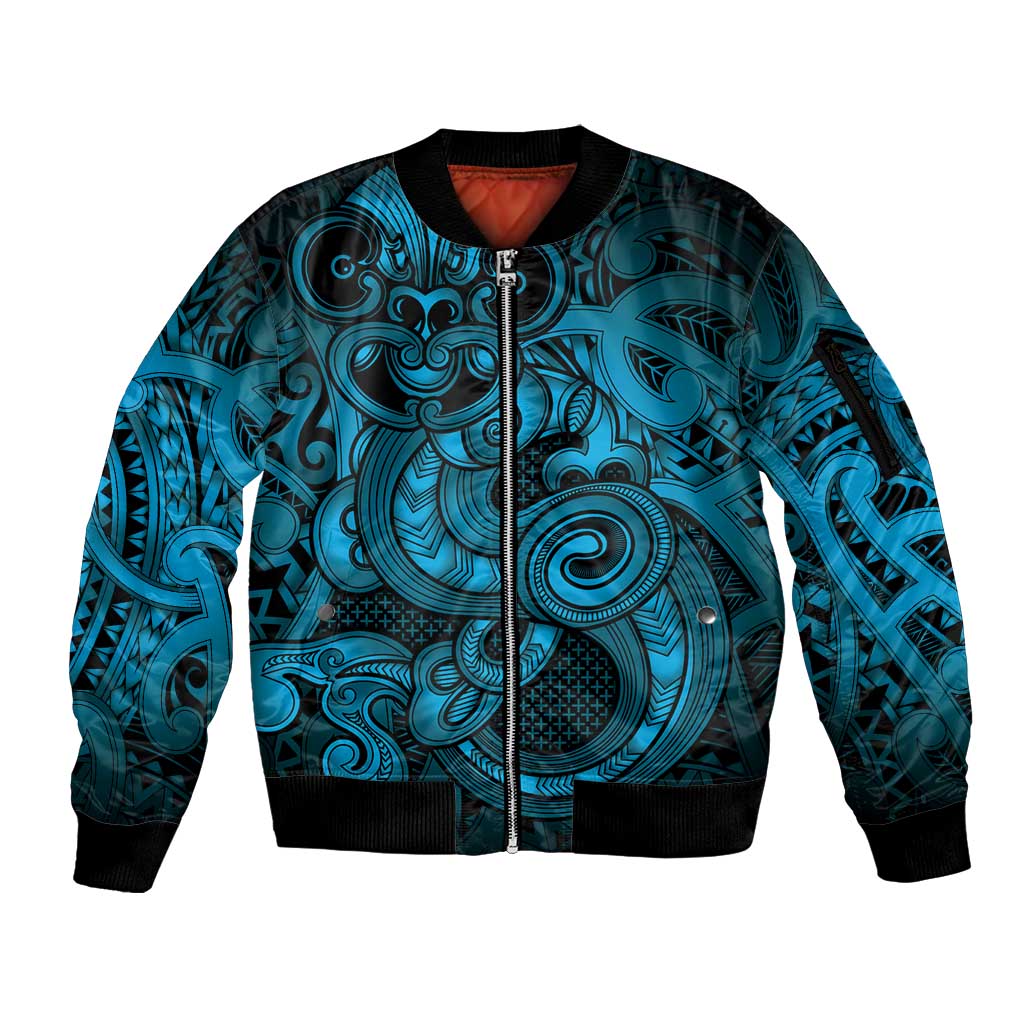 Aotearoa Maori Hei Tiki Sleeve Zip Bomber Jacket Kikorangi Kowhaiwhai Puhoro Motif LT9 Unisex Blue - Polynesian Pride