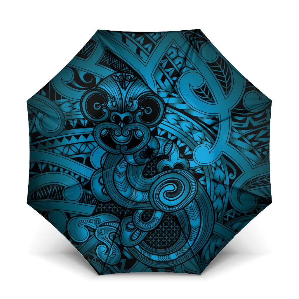Aotearoa Maori Hei Tiki Umbrella Kikorangi Kowhaiwhai Puhoro Motif LT9 One Size Folded 11.42 inch Opened Diameter 37.4 inch Blue - Polynesian Pride