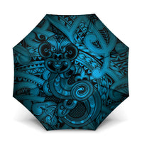 Aotearoa Maori Hei Tiki Umbrella Kikorangi Kowhaiwhai Puhoro Motif LT9 One Size Folded 11.42 inch Opened Diameter 37.4 inch Blue - Polynesian Pride
