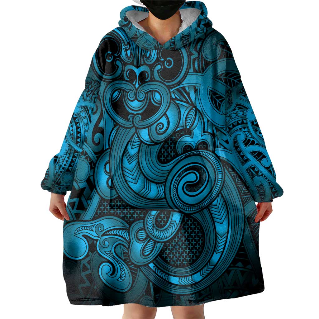 Aotearoa Maori Hei Tiki Wearable Blanket Hoodie Kikorangi Kowhaiwhai Puhoro Motif