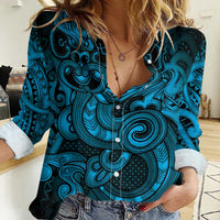 Aotearoa Maori Hei Tiki Women Casual Shirt Kikorangi Kowhaiwhai Puhoro Motif