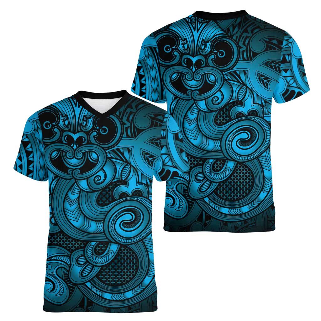 Aotearoa Maori Hei Tiki Women V-Neck T-Shirt Kikorangi Kowhaiwhai Puhoro Motif