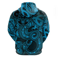 Aotearoa Maori Hei Tiki Zip Hoodie Kikorangi Kowhaiwhai Puhoro Motif
