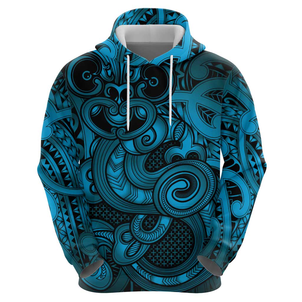 Aotearoa Maori Hei Tiki Zip Hoodie Kikorangi Kowhaiwhai Puhoro Motif