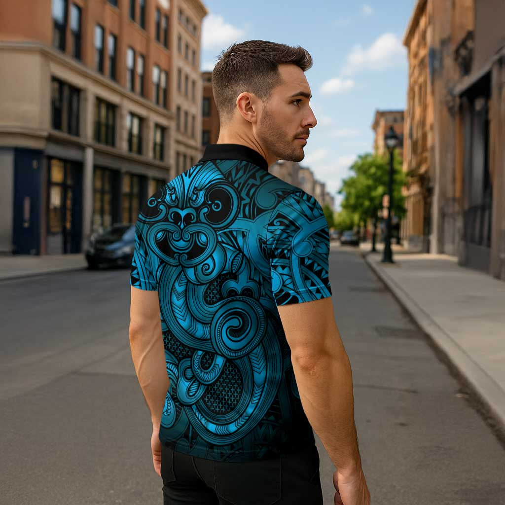 Aotearoa Maori Hei Tiki Zipper Polo Shirt Kikorangi Kowhaiwhai Puhoro Motif
