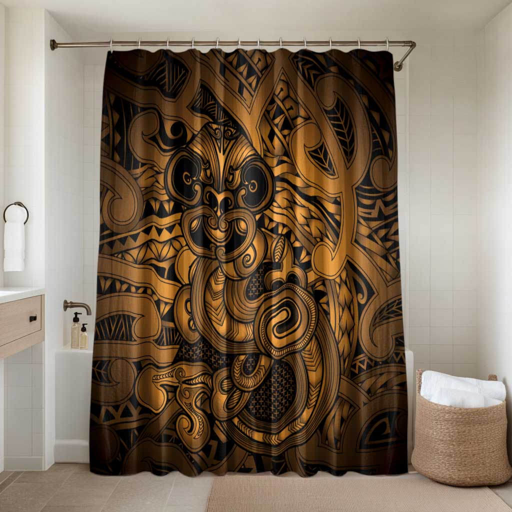Aotearoa Maori Hei Tiki Bathroom Set Koura Kowhaiwhai Puhoro Motif LT9 Shower Curtain Only Gold - Polynesian Pride