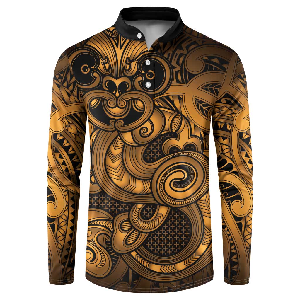 Aotearoa Maori Hei Tiki Button Sweatshirt Koura Kowhaiwhai Puhoro Motif LT9 Gold - Polynesian Pride