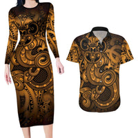 Aotearoa Maori Hei Tiki Couples Matching Long Sleeve Bodycon Dress and Hawaiian Shirt Koura Kowhaiwhai Puhoro Motif