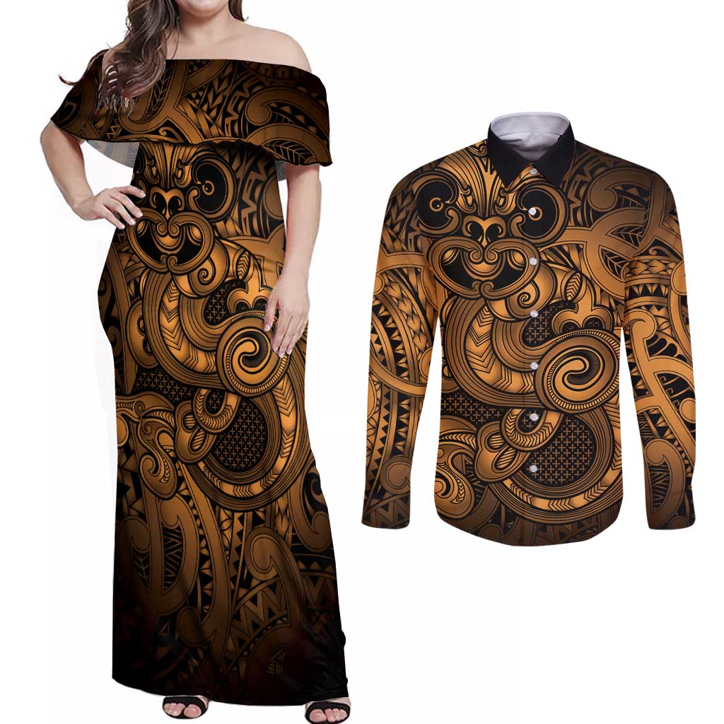 Aotearoa Maori Hei Tiki Couples Matching Off Shoulder Maxi Dress and Long Sleeve Button Shirt Koura Kowhaiwhai Puhoro Motif