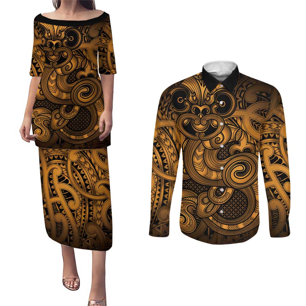 Aotearoa Maori Hei Tiki Couples Matching Puletasi and Long Sleeve Button Shirt Koura Kowhaiwhai Puhoro Motif LT9 Gold - Polynesian Pride