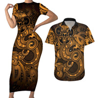 Aotearoa Maori Hei Tiki Couples Matching Short Sleeve Bodycon Dress and Hawaiian Shirt Koura Kowhaiwhai Puhoro Motif