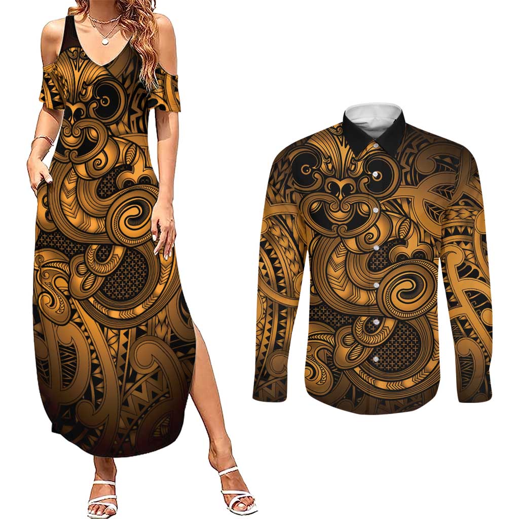 Aotearoa Maori Hei Tiki Couples Matching Summer Maxi Dress and Long Sleeve Button Shirt Koura Kowhaiwhai Puhoro Motif LT9 Gold - Polynesian Pride