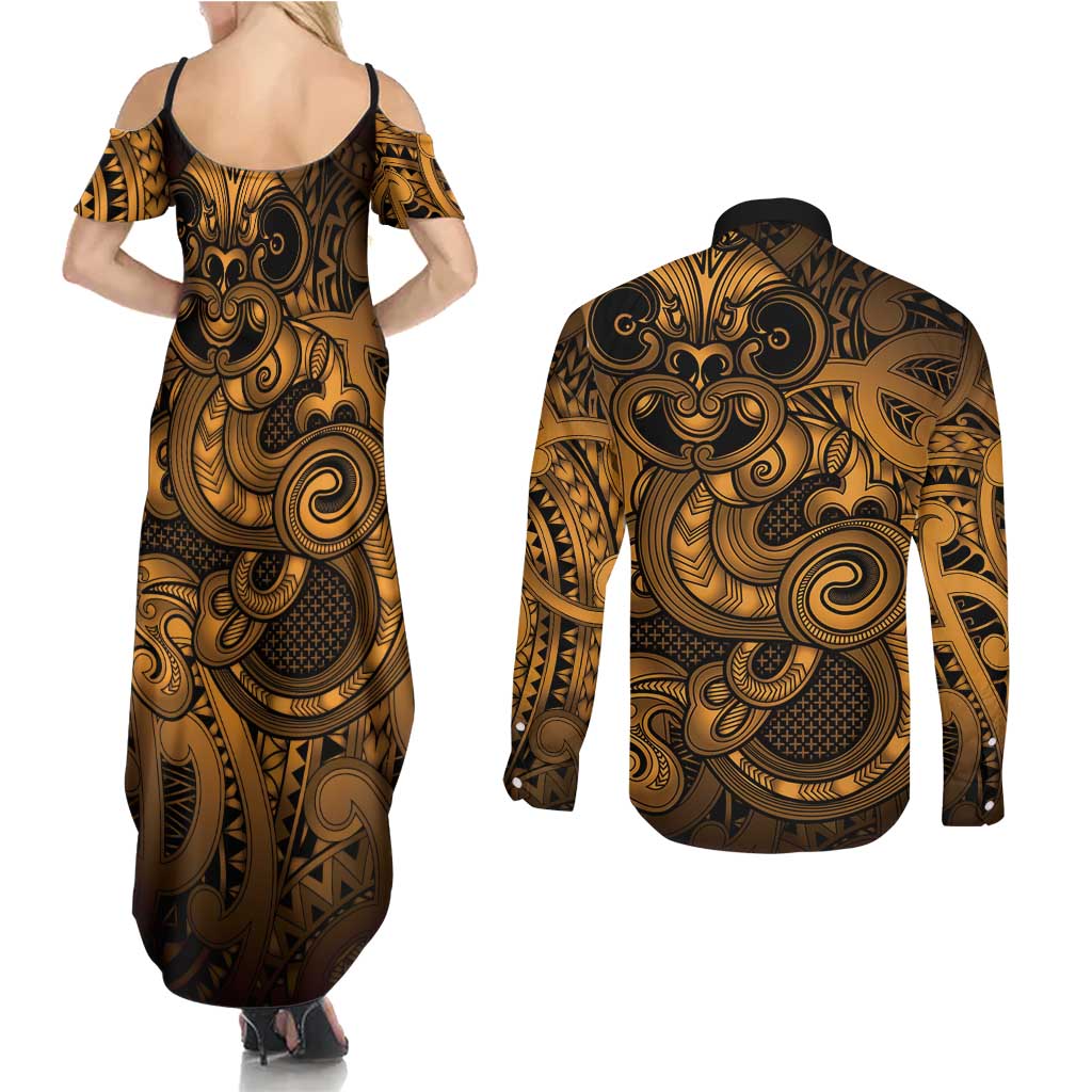 Aotearoa Maori Hei Tiki Couples Matching Summer Maxi Dress and Long Sleeve Button Shirt Koura Kowhaiwhai Puhoro Motif