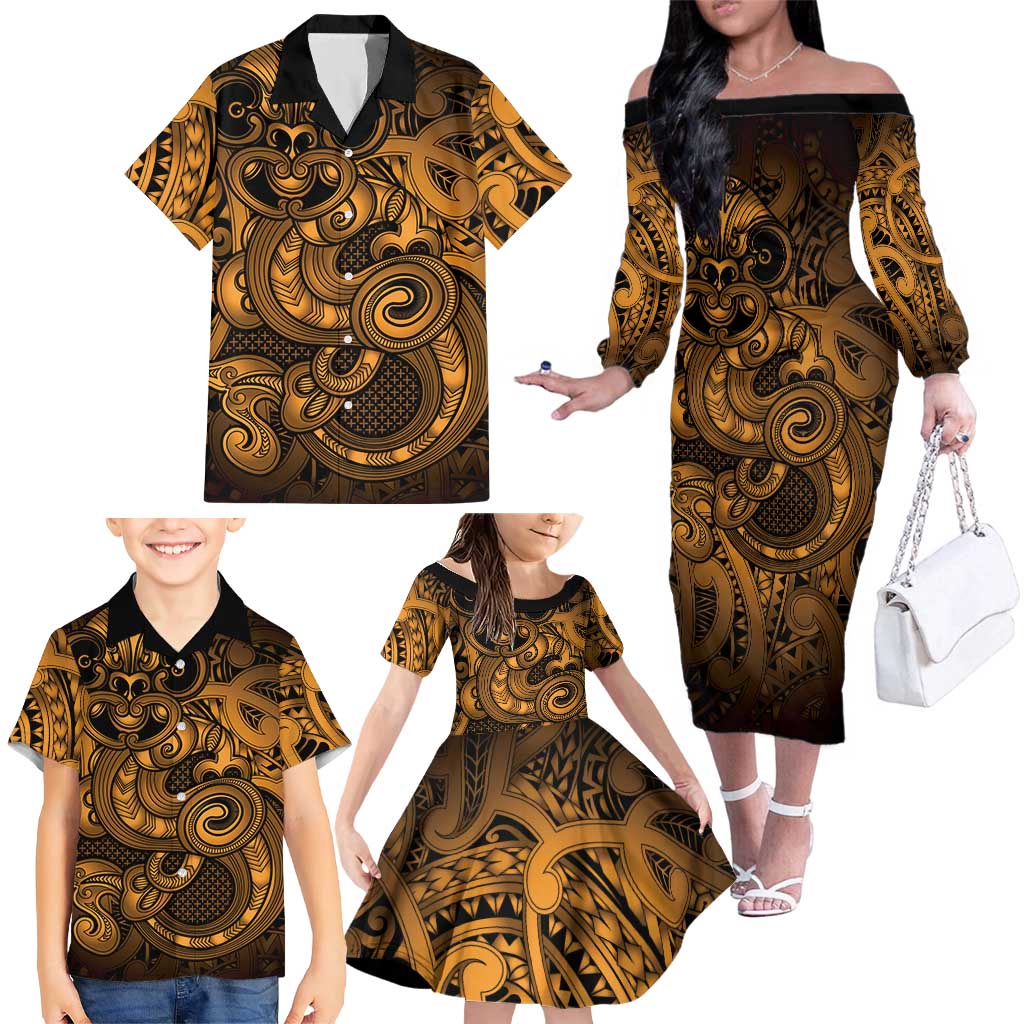 Aotearoa Maori Hei Tiki Family Matching Off The Shoulder Long Sleeve Dress and Hawaiian Shirt Koura Kowhaiwhai Puhoro Motif LT9 - Polynesian Pride