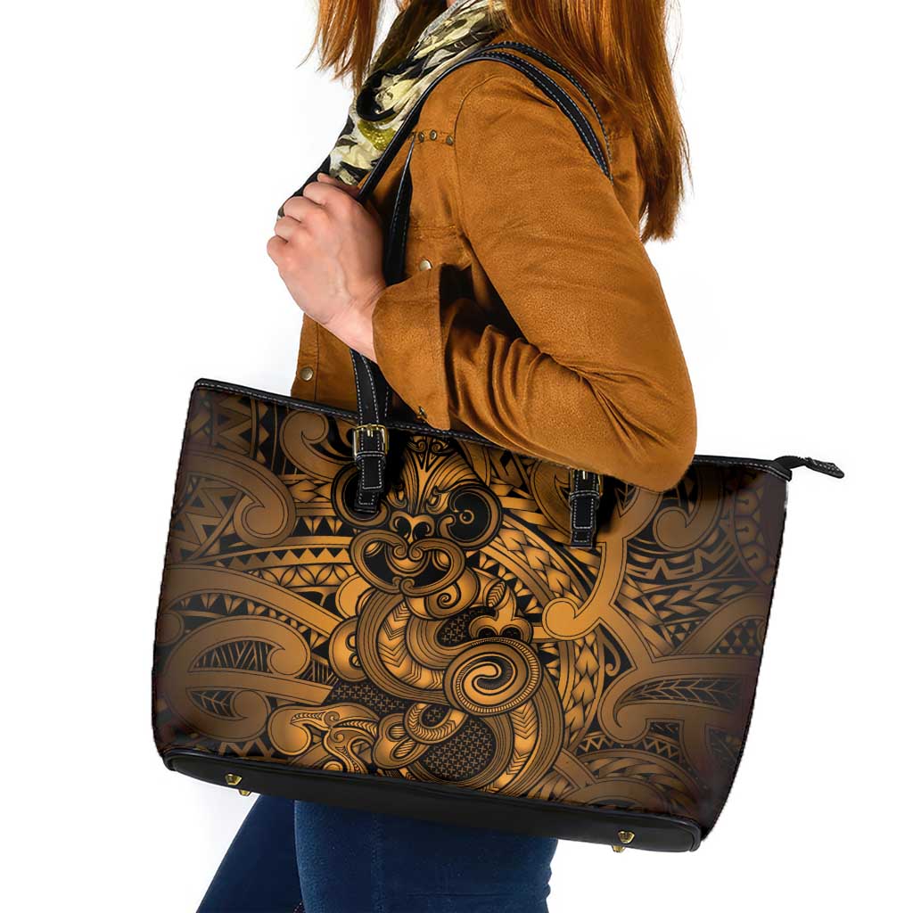 Aotearoa Maori Hei Tiki Leather Tote Bag Koura Kowhaiwhai Puhoro Motif LT9 Gold - Polynesian Pride