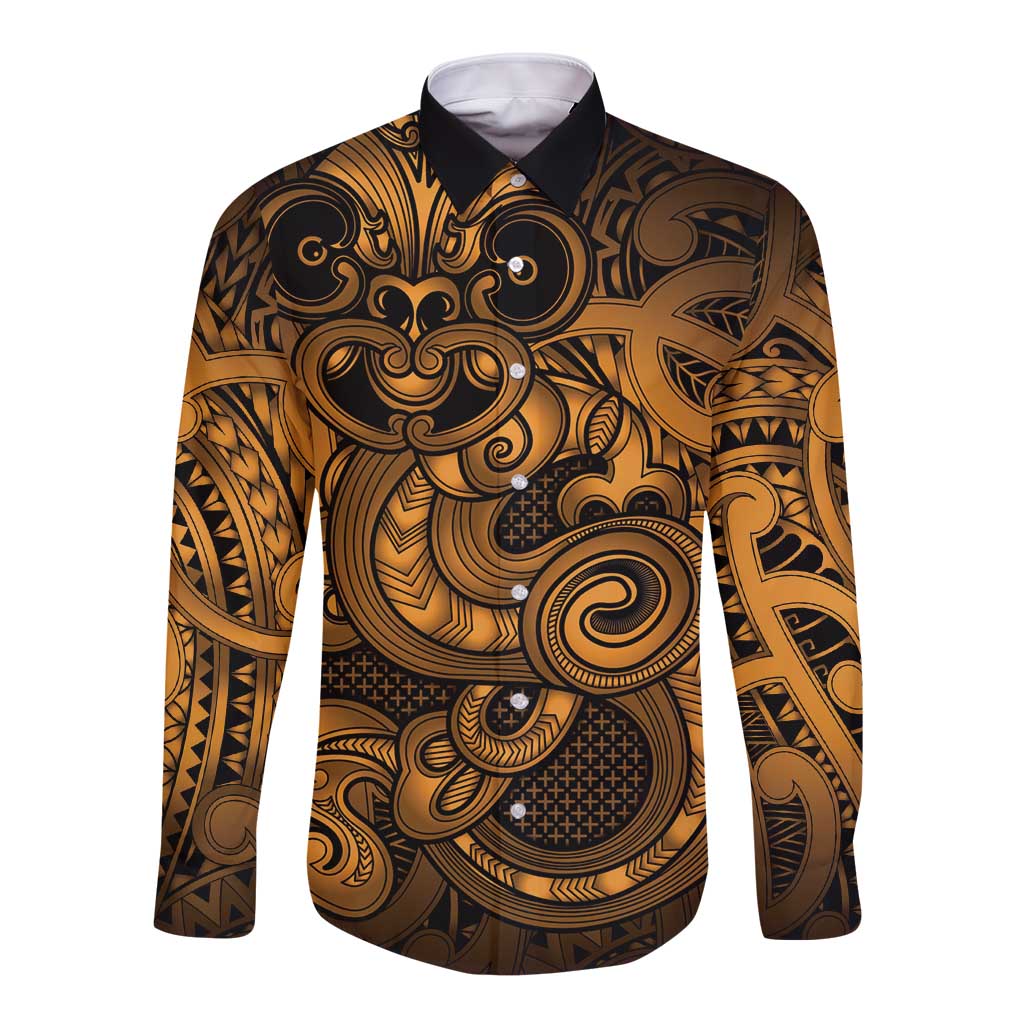 Aotearoa Maori Hei Tiki Long Sleeve Button Shirt Koura Kowhaiwhai Puhoro Motif LT9 Unisex Gold - Polynesian Pride