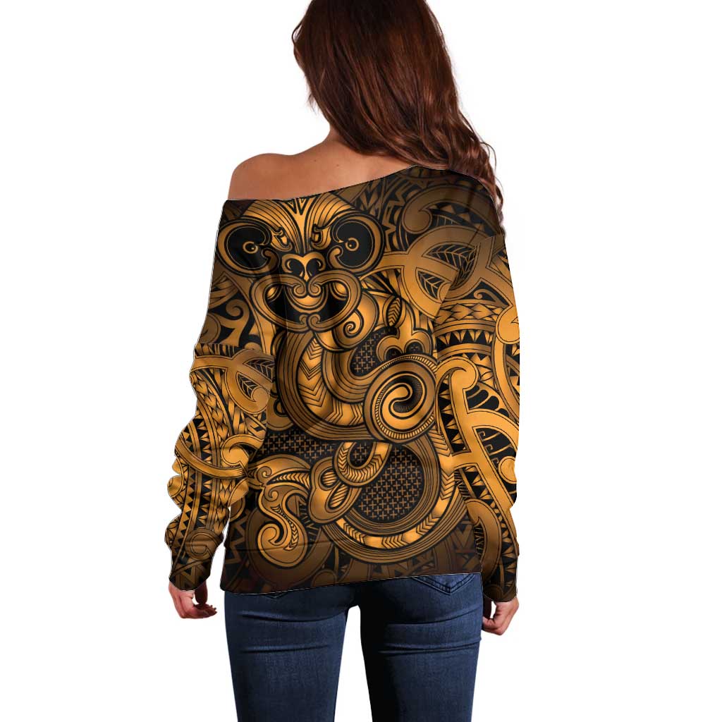 Aotearoa Maori Hei Tiki Off Shoulder Sweater Koura Kowhaiwhai Puhoro Motif LT9 - Polynesian Pride