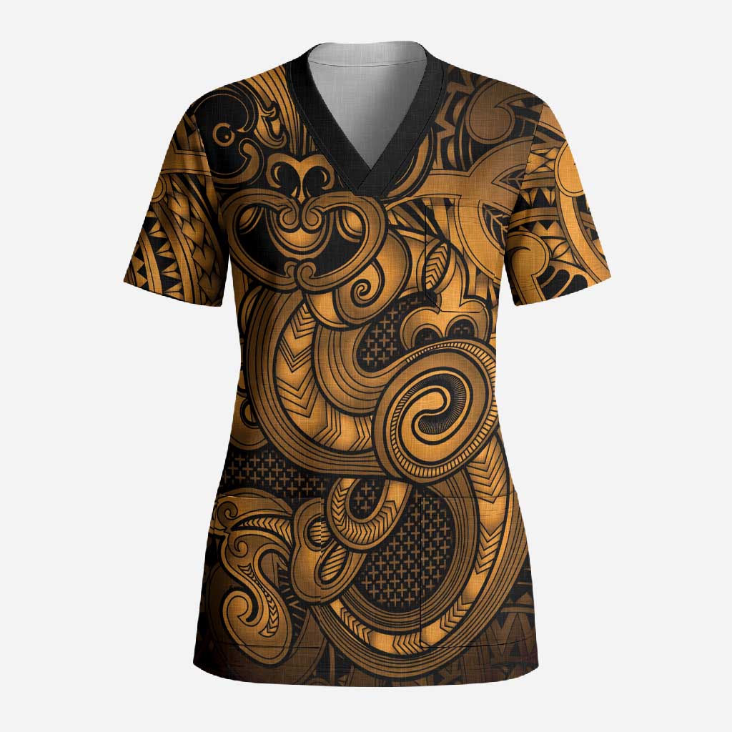 Aotearoa Maori Hei Tiki Scrub Top Koura Kowhaiwhai Puhoro Motif LT9 Adult Gold - Polynesian Pride