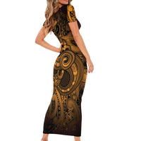 Aotearoa Maori Hei Tiki Short Sleeve Bodycon Dress Koura Kowhaiwhai Puhoro Motif