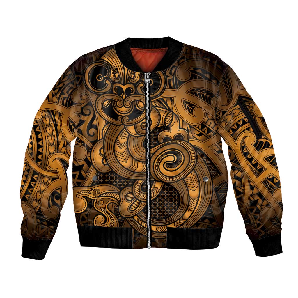 Aotearoa Maori Hei Tiki Sleeve Zip Bomber Jacket Koura Kowhaiwhai Puhoro Motif LT9 Unisex Gold - Polynesian Pride